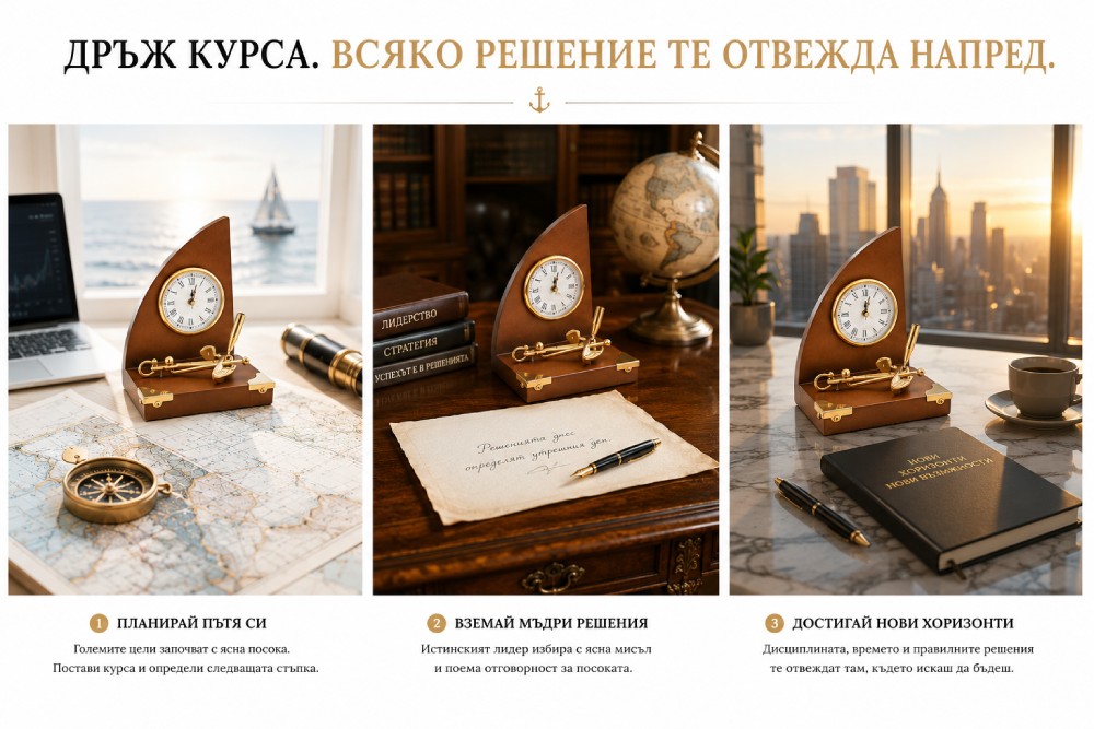 Класически подарък за кабинет с часовник, химикал и котва
